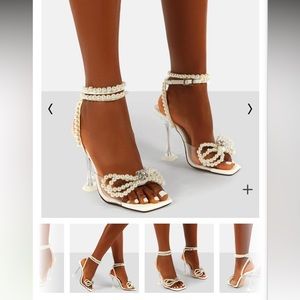 Glimmer White Wrap Around Pearl Detail Bow Square Toe Cake Stand Heels